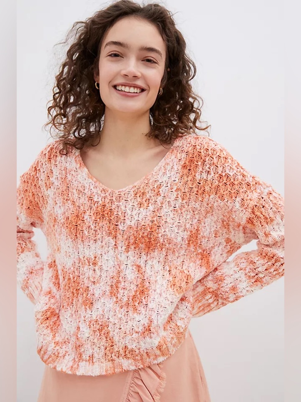 Pilcro Anthropologie Open Knit V-Neck Sweater Coral Tie Dye Size Small Petite